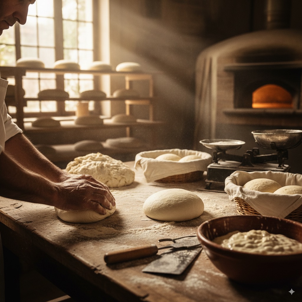 Maestro panadero amasando artesanalmente en panadería tradicional