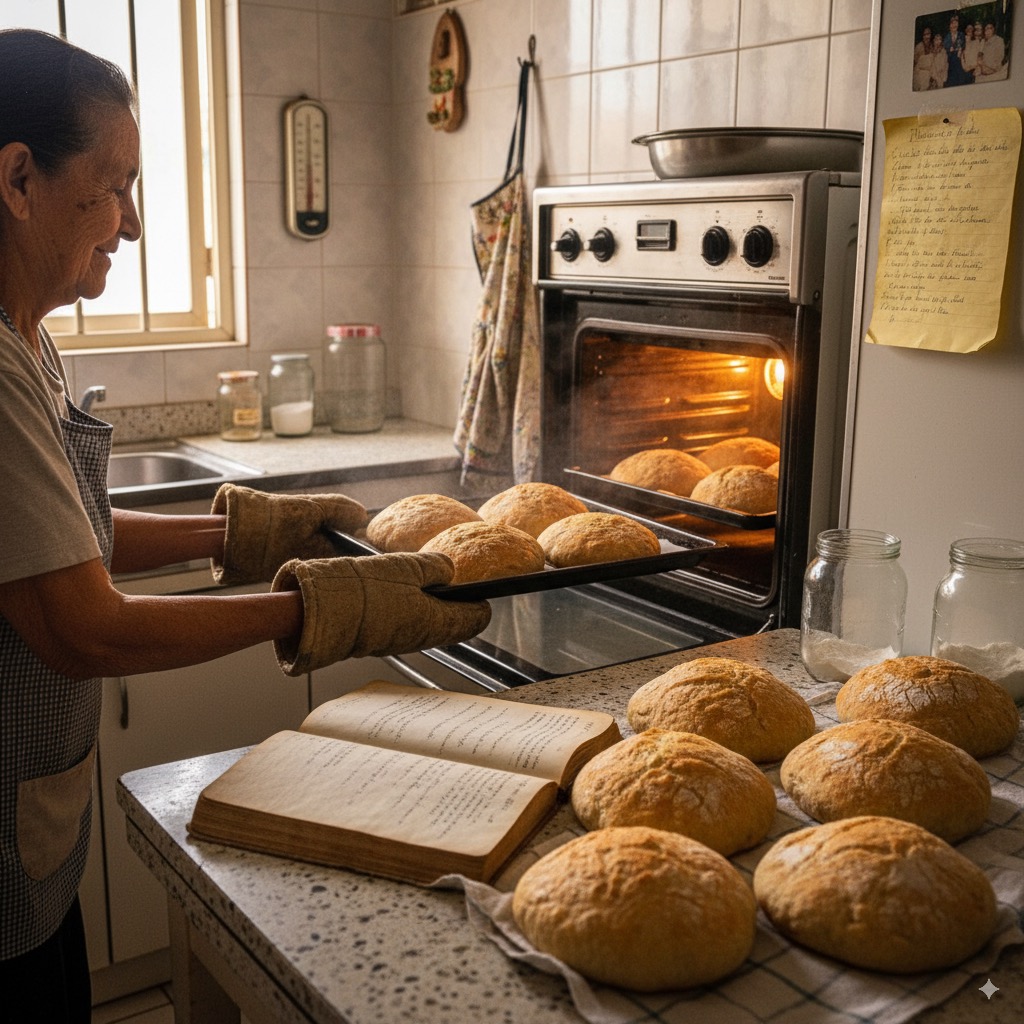 Panadero sacando pan recién horneado del horno tradicional