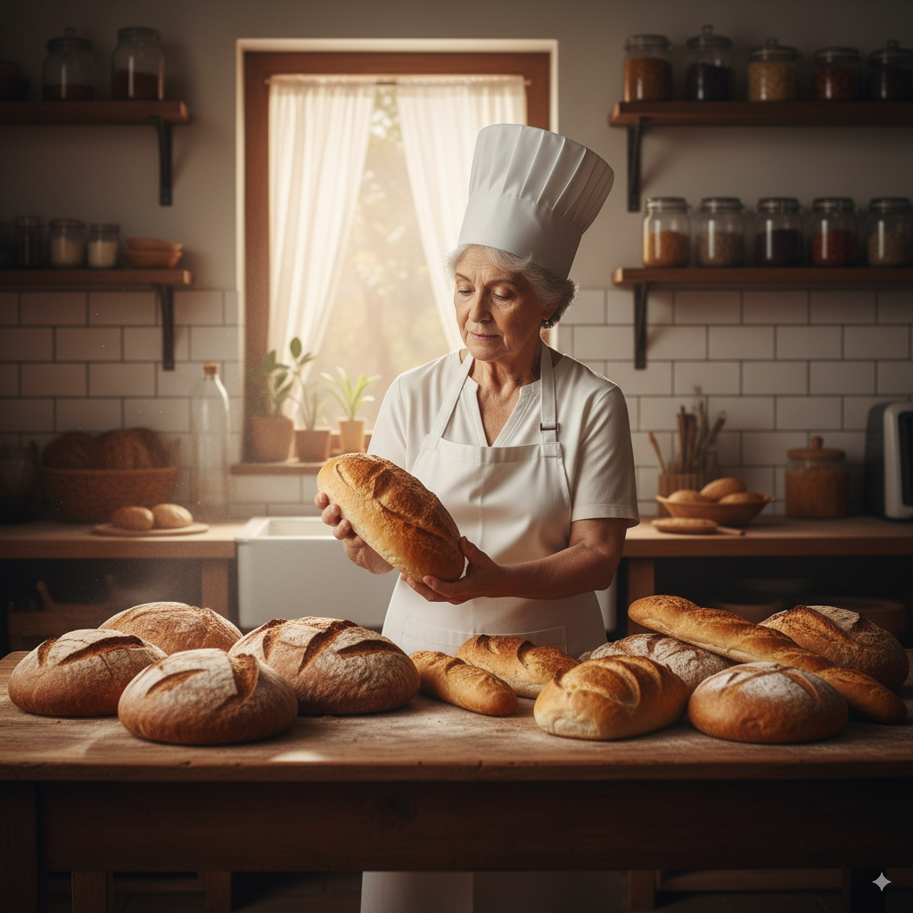 Panadera realizando control de calidad de panes artesanales